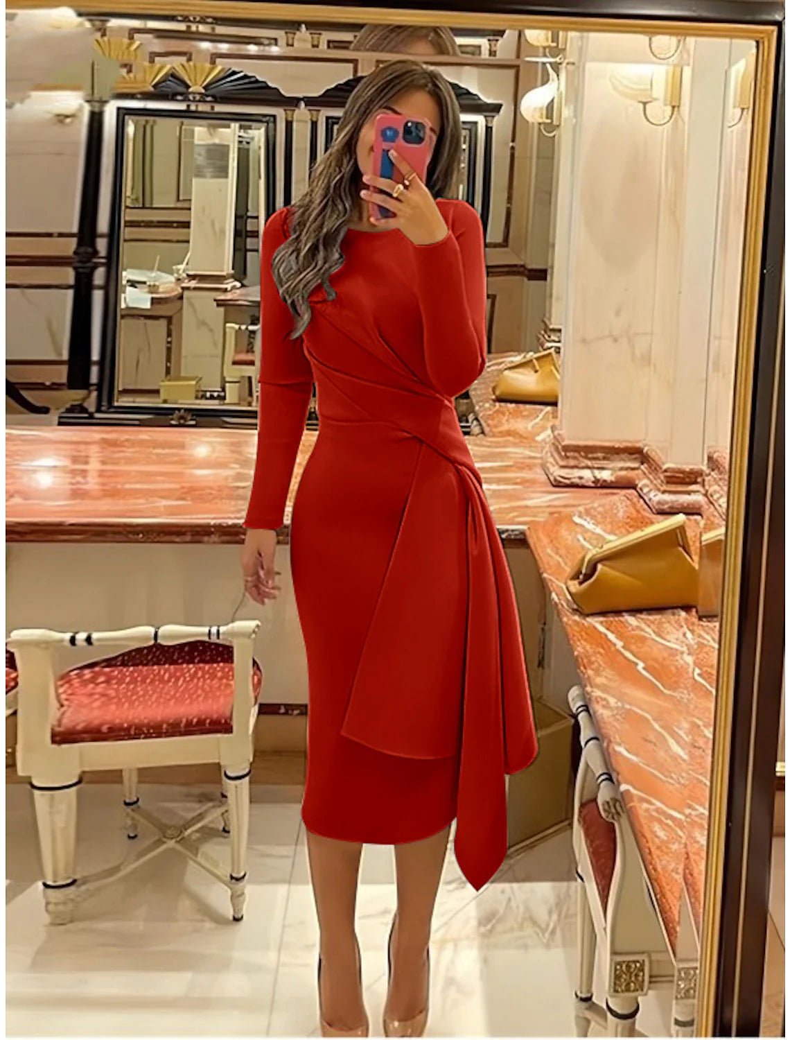 Wholesale Sheath Formal Dress Cocktail Dresses Elegant Red Green Dress Formal Fall Knee Length Long Sleeve Jewel Neck Stretch Fabric with Pleats Ruched