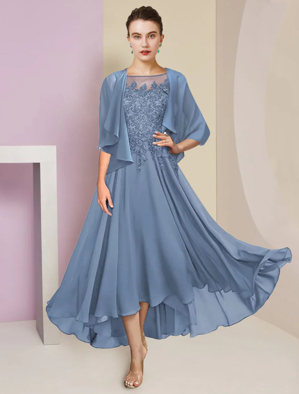 Aimishang  Two Piece A-Line Mother of the Bride Dress Formal Wedding Guest Elegant High Low Scoop Neck Asymmetrical Tea Length Chiffon Lace Short Sleeve Wrap Included with Sequin Appliques