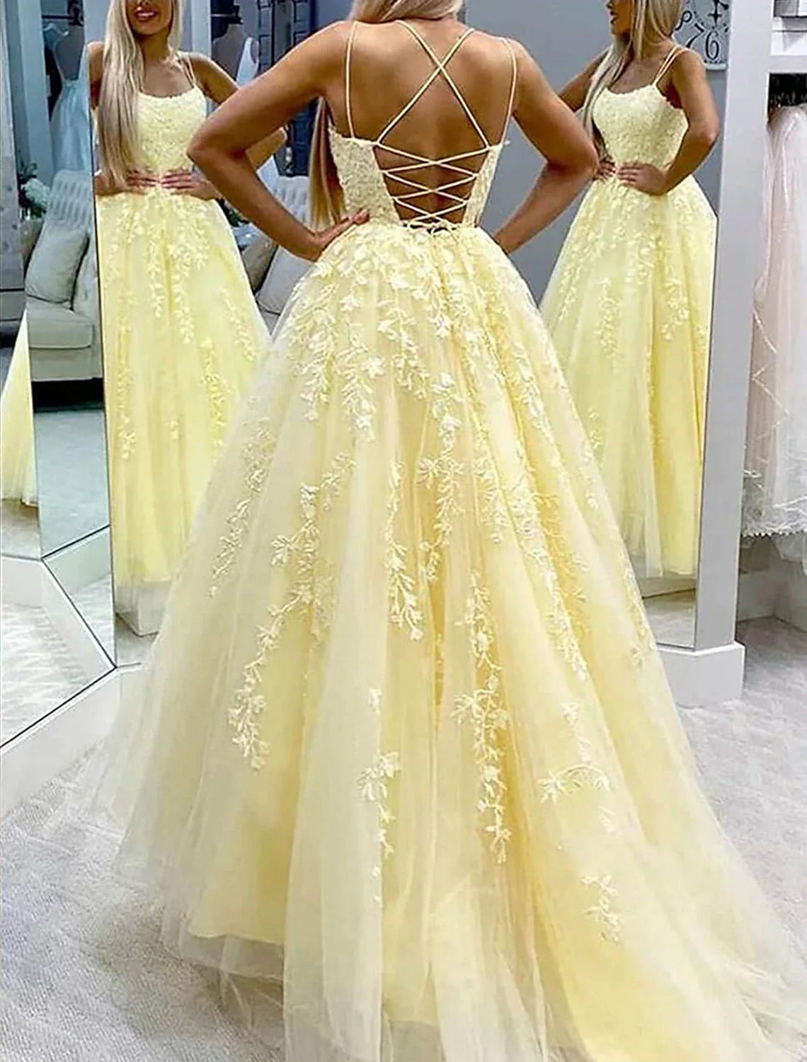 A-Line Prom Dresses Floral Dress Formal Wedding Guest Chapel Train Sleeveless Spaghetti Strap Tulle with Appliques