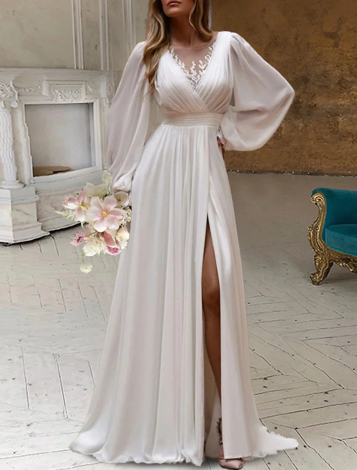Aimishang Bridal Shower Little White Dresses Wedding Dresses A-Line Scoop Neck Long Sleeve Sweep / Brush Train Chiffon Bridal Gowns With Pleats Appliques