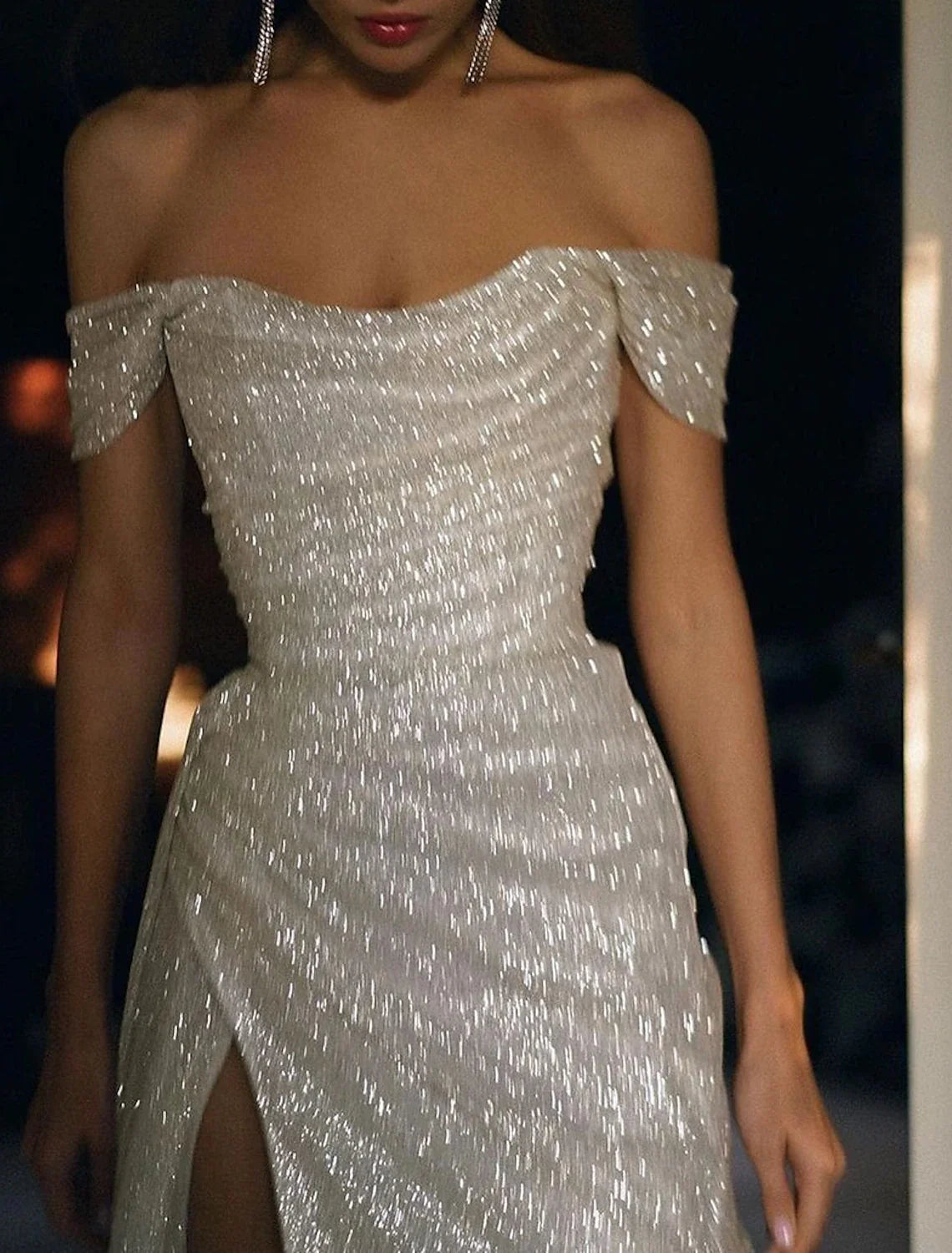 Wholesale Mermaid Evening Dresses Sparkle Wedding Dress For Reception Prom Dress Sweep / Brush Train Short Sleeve Off Shoulder Sequins with Slit