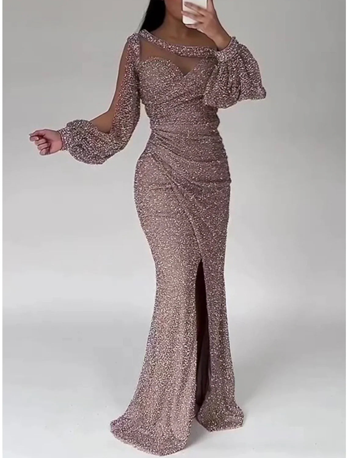 Mermaid Dress Evening Gown Champagne Gown Sparkle Sequin Dress Formal Floor Length Long Sleeve Scoop Neck with Ruched Slit