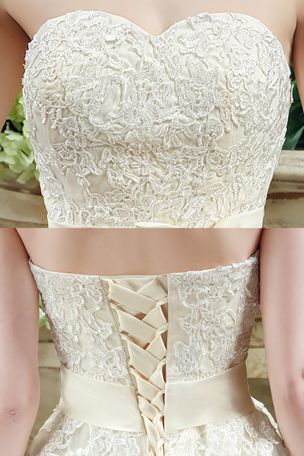 Long Lace-Up Sweetheart A-line Light Yellow Wedding Dress
