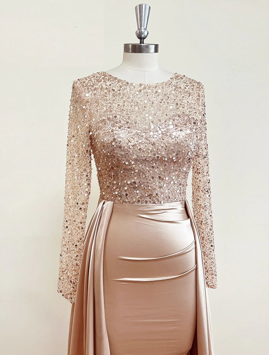 Mermaid Sequin Evening Gown Ruched Satin Dress Long Sleeves Floor Length Sparkle Illusion Neck Fall Wedding Guest Dress with Pearls Overskirt