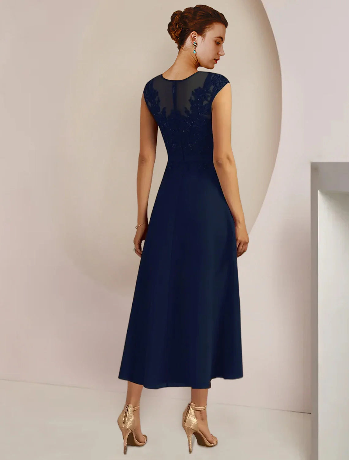 Aimishang  Two Piece A-Line Mother of the Bride Dress Formal Wedding Guest Elegant Scoop Neck Tea Length Chiffon Lace 3/4 Length Sleeve Jacket Dresses with Sash / Ribbon Appliques