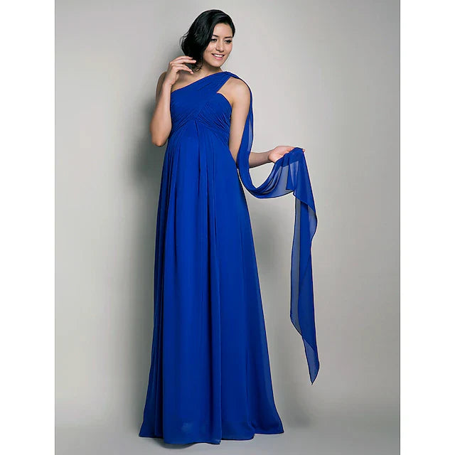 Sheath / Column Bridesmaid Dress One Shoulder Sleeveless Maternity Watteau Train / Floor Length Chiffon with Criss Cross / Draping