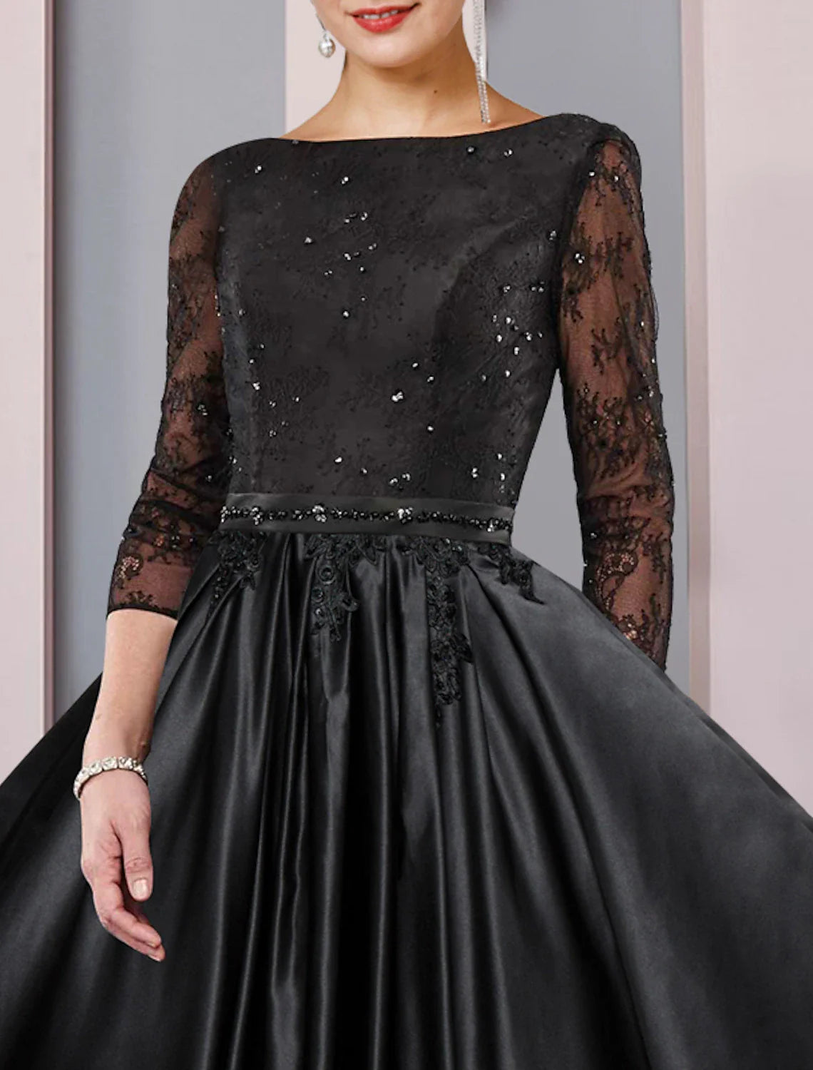 Aimishang  A-Line Mother of the Bride Dress Formal Wedding Guest Party Elegant Scoop Neck Tea Length Satin Lace 3/4 Length Sleeve with Sash / Ribbon Pleats