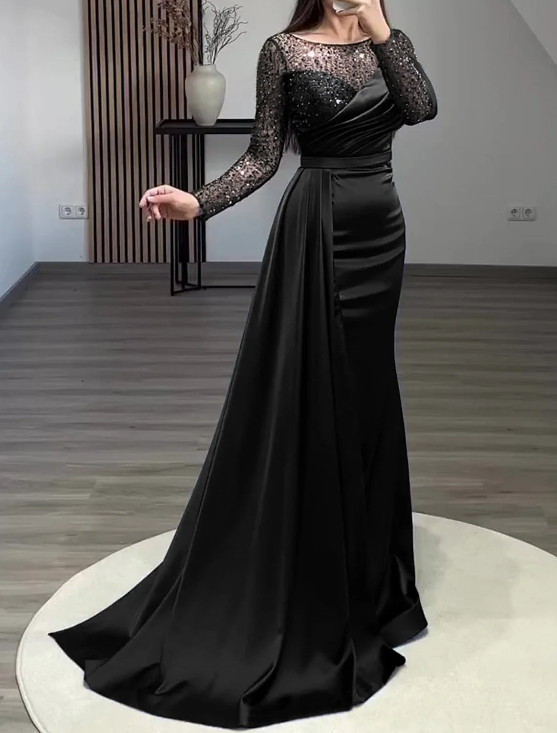 Mermaid Dress Evening Gown Red Green Dress Formal Wedding Guest Court Train Long Sleeve Jewel Neck Charmeuse with Ruched Pearls Sequin