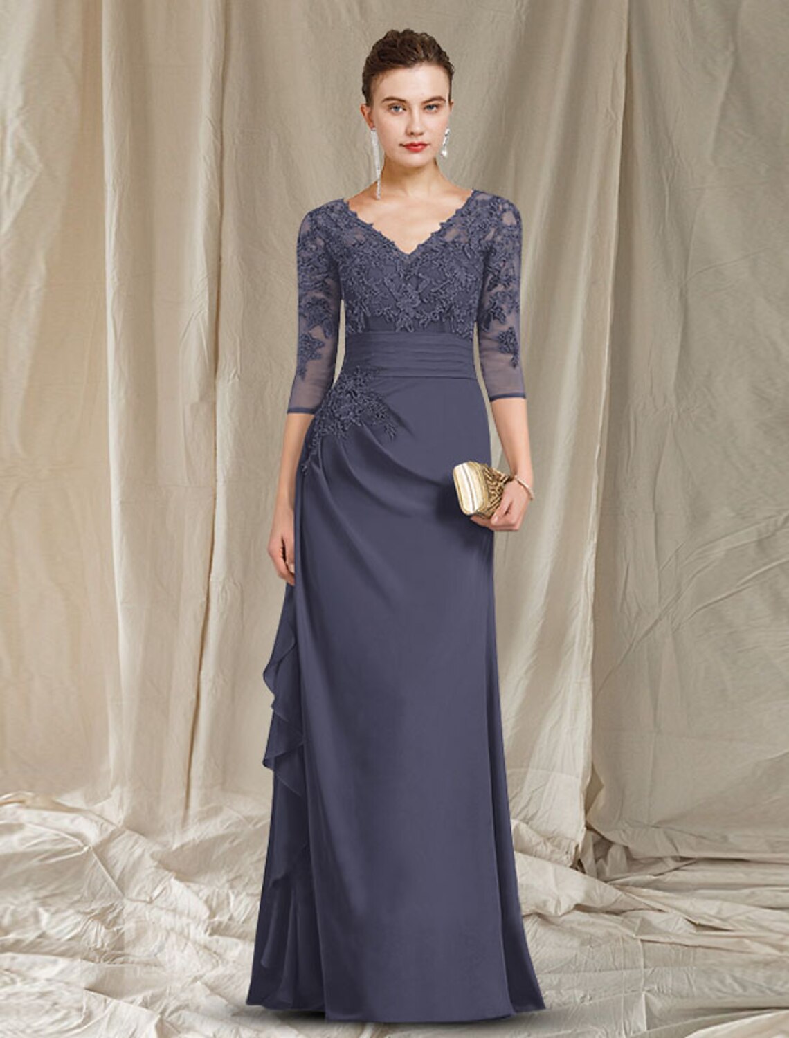 Aimishang Sheath / Column Mother of the Bride Dress Plus Size Elegant V Neck Floor Length Chiffon 3/4 Length Sleeve with Ruffles Appliques