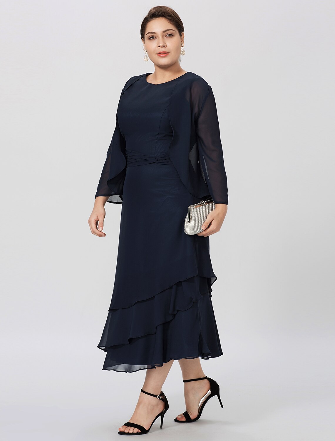 Aimishang  Sheath / Column Mother of the Bride Dress Formal Classic & Timeless Elegant & Luxurious Plus Size Jewel Neck Tea Length Chiffon 3/4 Length Sleeve yes with Pleats Tiered