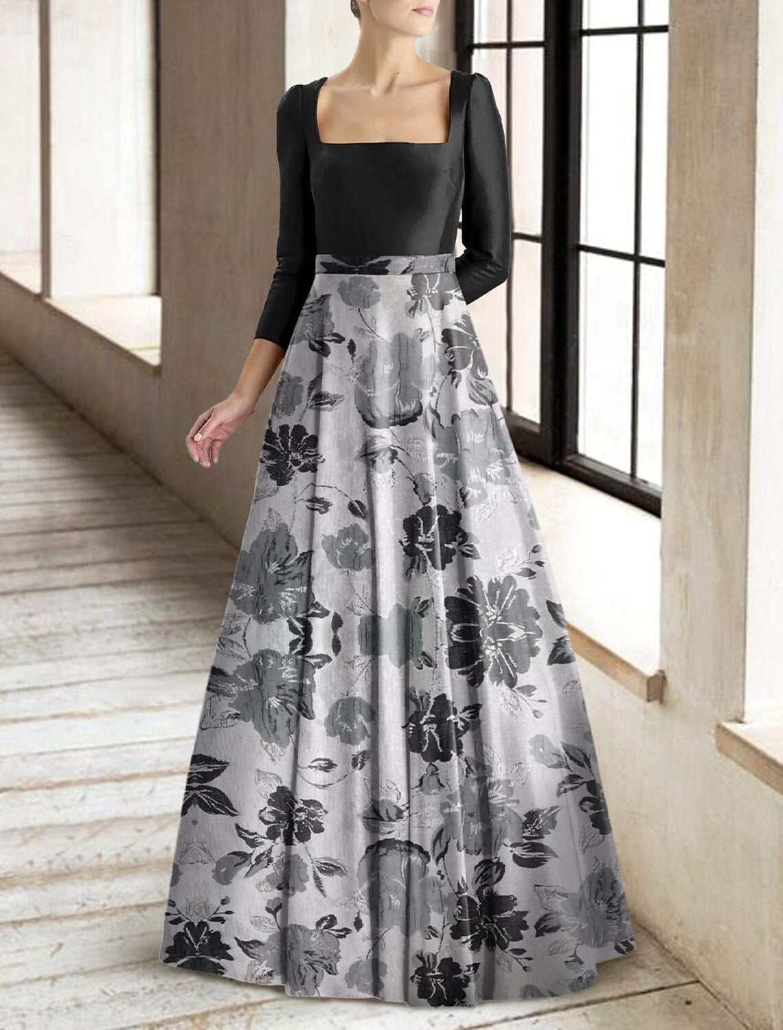 A-Line Mother of the Bride Dress Formal Wedding Guest Elegant Square Neck Floor Length Taffeta Stretch Fabric 3/4 Length Sleeve with Pleats Flower