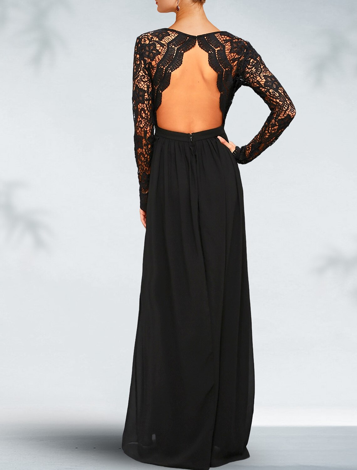 A-Line Evening Dress Black Dress Plus Size Open Back Dress Formal Wedding Guest Floor Length Long Sleeve V Neck Gothic Chiffon with Pleats