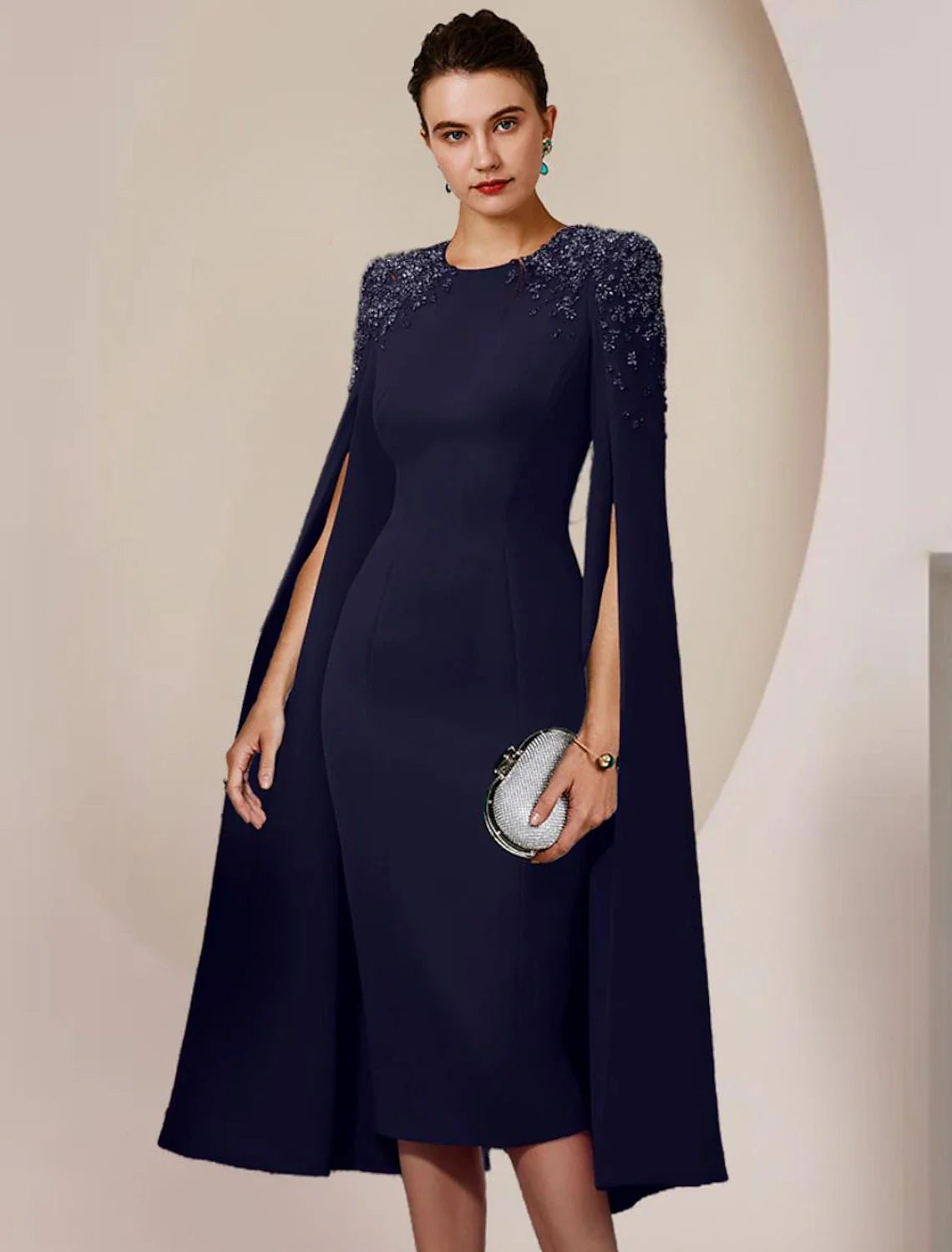 Aimishang Sheath / Column Mother of the Bride Dress Formal Wedding Guest Elegant Scoop Neck Knee Length Stretch Chiffon Long Sleeve with Beading
