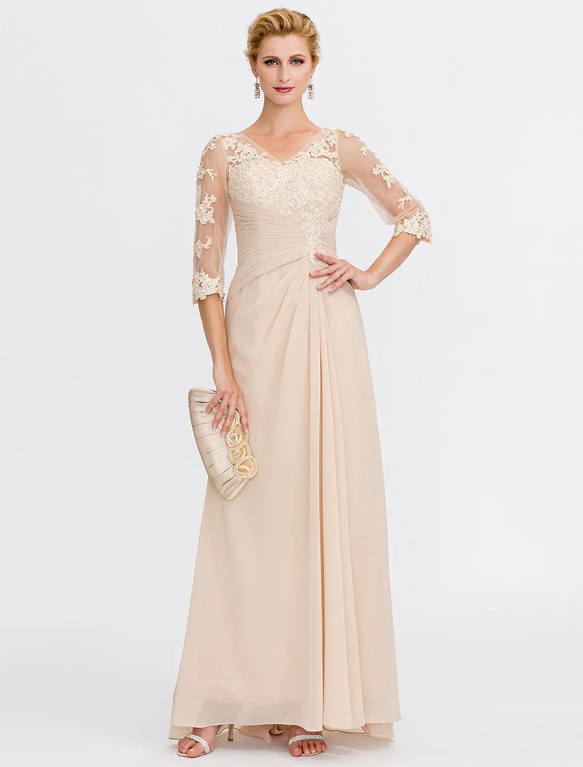 Aimishang A-Line Mother of the Bride Dress Fall Wedding Guest Dresses Plus Size Elegant See Through V Neck Floor Length Chiffon Half Sleeve with Appliques Side Draping