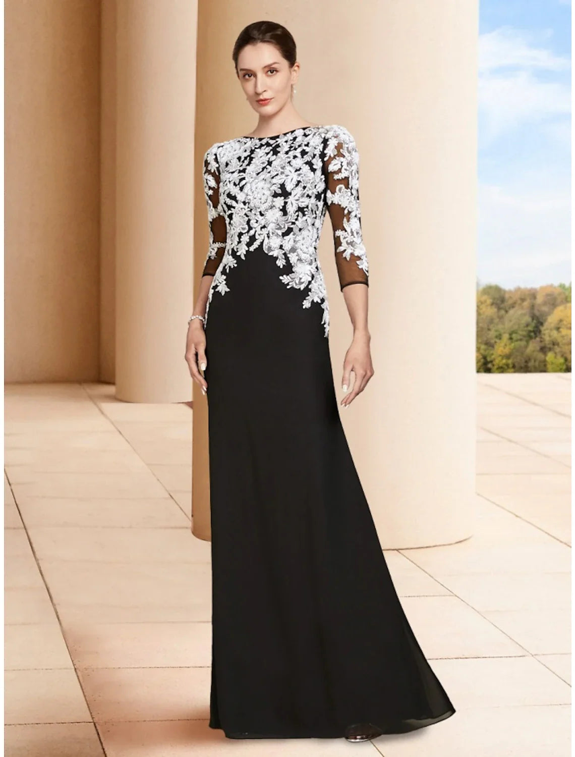 Aimishang  Sheath / Column Mother of the Bride Dress Wedding Guest Elegant Jewel Neck Floor Length Stretch Chiffon 3/4 Length Sleeve with Lace Ruching