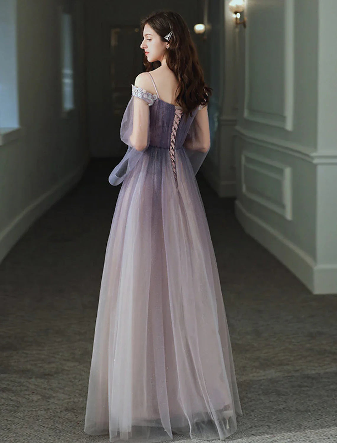 Aimishang A-Line Minimalist Elegant Party Wear Prom Dress Off Shoulder Long Sleeve Floor Length Tulle with Appliques