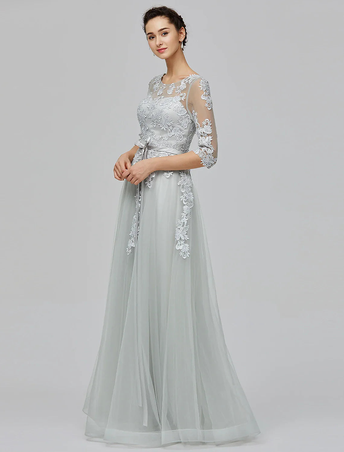 Wholesale A-Line Empire Dress Wedding Guest Prom Dress Floor Length Half Sleeve Illusion Neck Tulle with Bow(s) Appliques