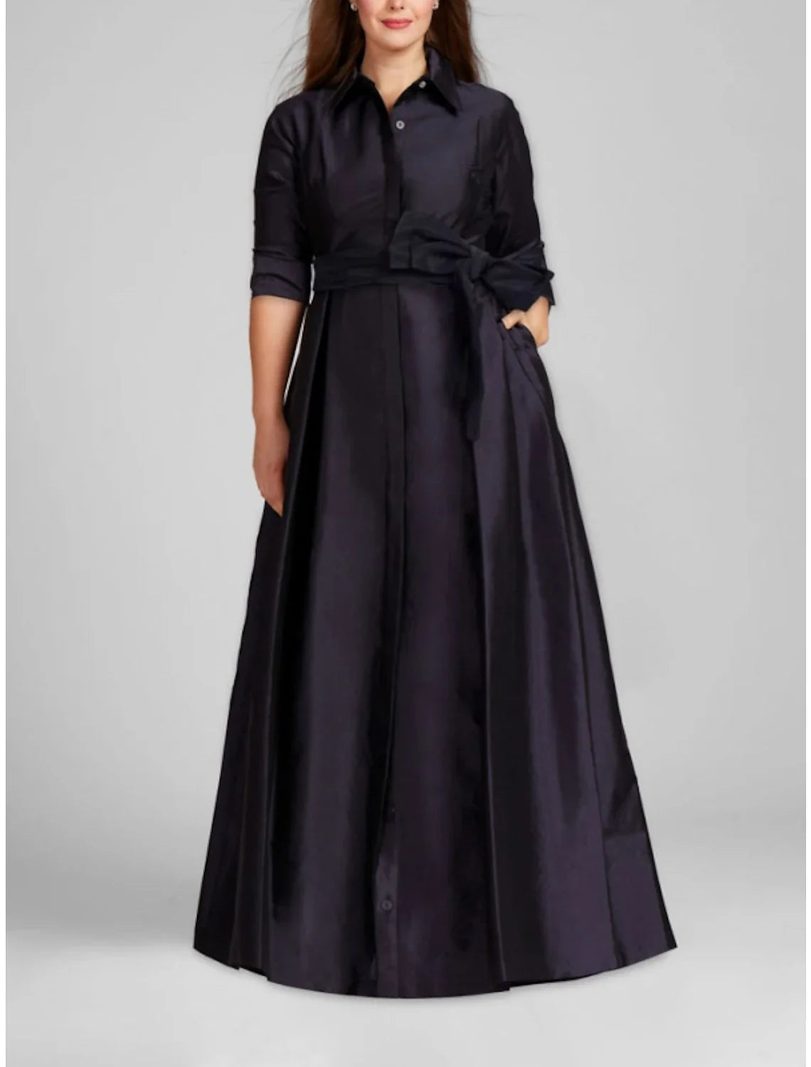 Satin A-Line Evening Gown Champagne Gold Minimalist Black Christmas Red Green Dress Dress Formal Fall Floor Length Half Sleeve Shirt Collar with Bow(s) Pleats 2025