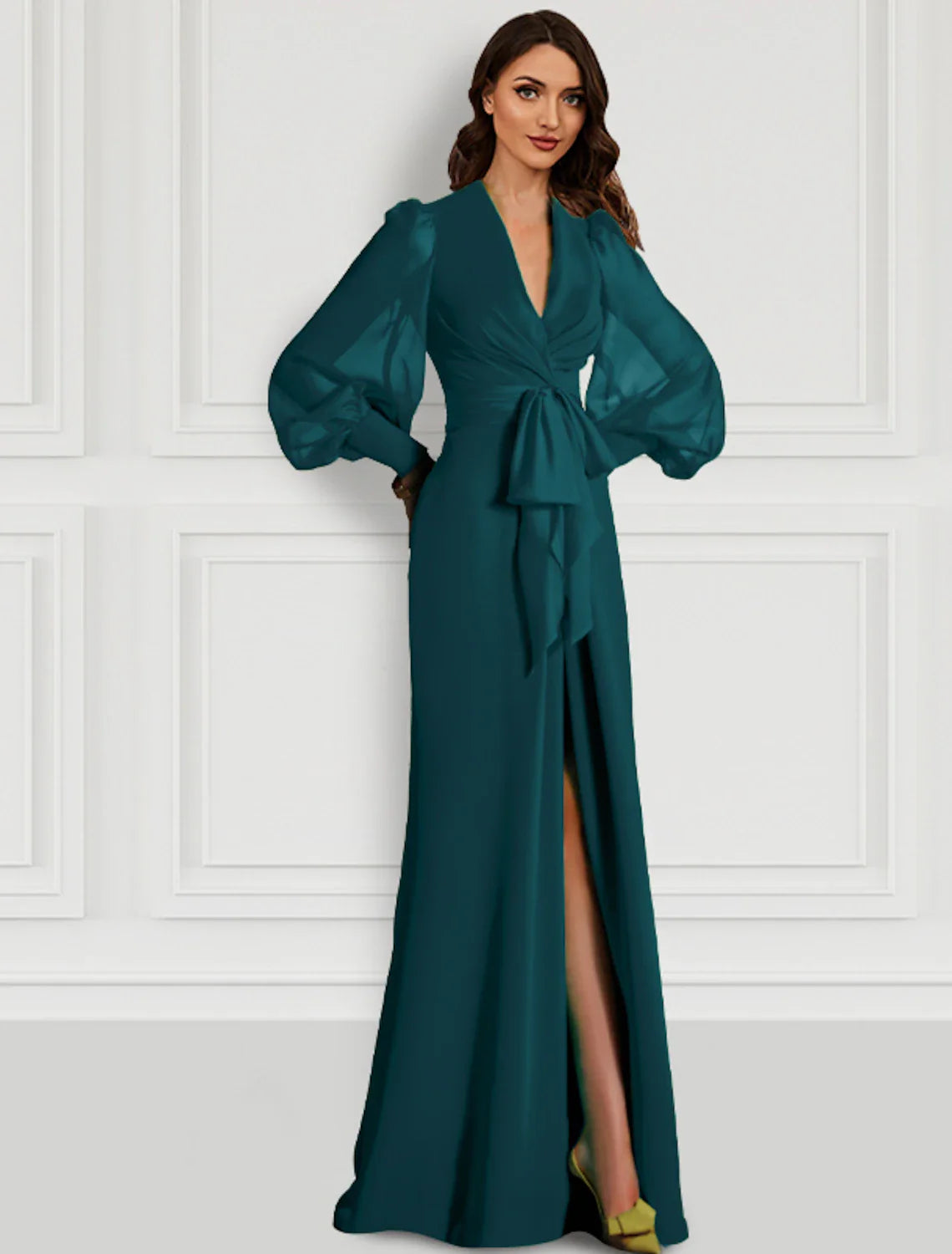 Aimishang Mermaid Christmas Green Dress Evening Gown Elegant Dress Formal Wedding Guest Sweep / Brush Train Long Sleeve V Neck Fall Wedding Guest Chiffon with Slit Strappy