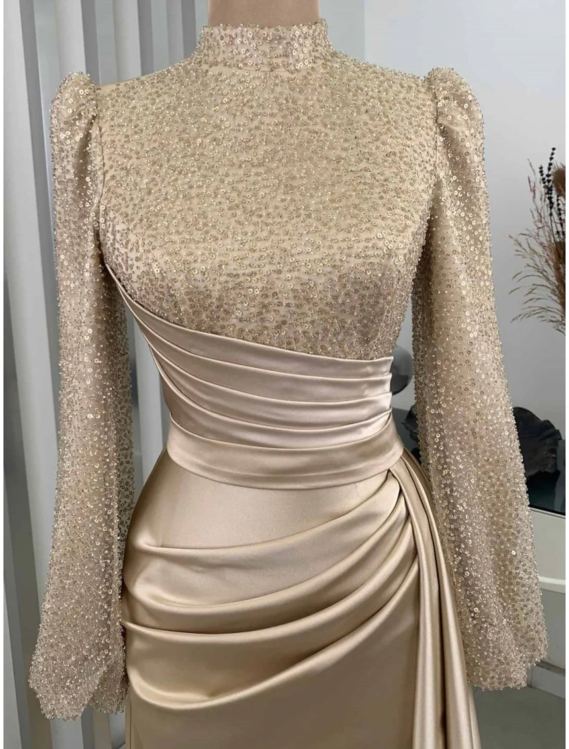 Aimishang A-Line Evening Gown Champagne Christmas Elegant Dress Formal Sweep / Brush Train Long Sleeve High Neck Satin with Glitter Pleats Ruched