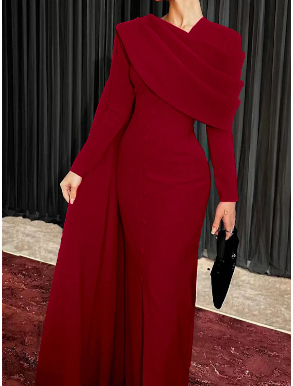 Sheath / Column Red Black Christmas Red Green Dress Evening Gown Elegant Cape Dress Formal Fall Sweep / Brush Train Long Sleeve Cowl Neck  Fabric with Buttons Slit 2025