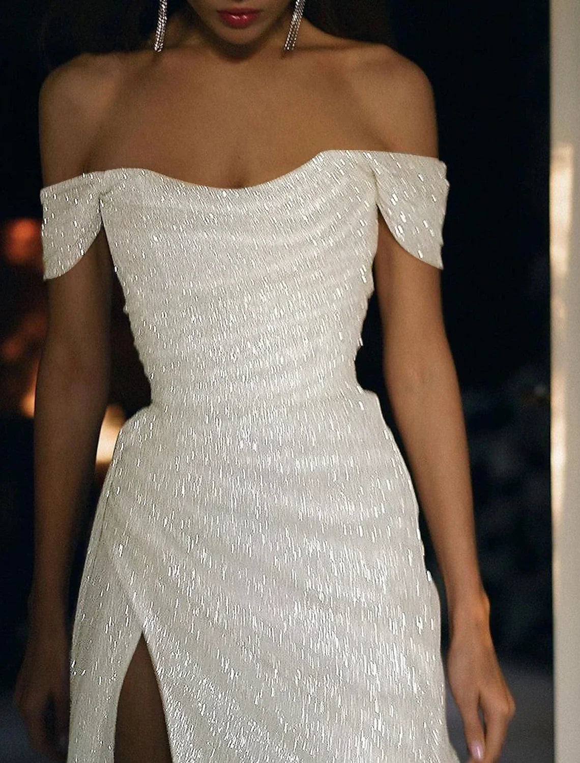 Wholesale Mermaid Evening Dresses Sparkle Wedding Dress For Reception Prom Dress Sweep / Brush Train Short Sleeve Off Shoulder Sequins with Slit