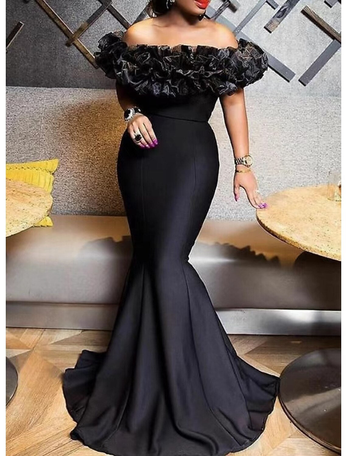 Aimishang Mermaid Evening Gown Emerald Green Dress Red Green Dress Engagement Sweep / Brush Train Short Sleeve Off Shoulder Stretch Satin with Sleek