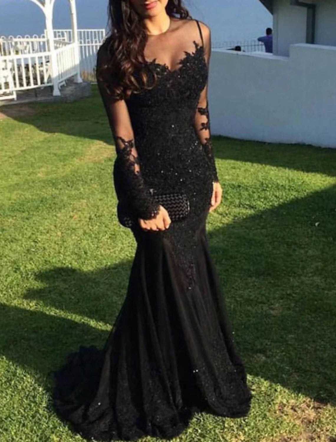 Mermaid Black Dress Evening Gown Sequin Prom Dress Sparkle Formal Gown Sweep / Brush Train Long Sleeve Illusion Neck Lace with Appliques 2025