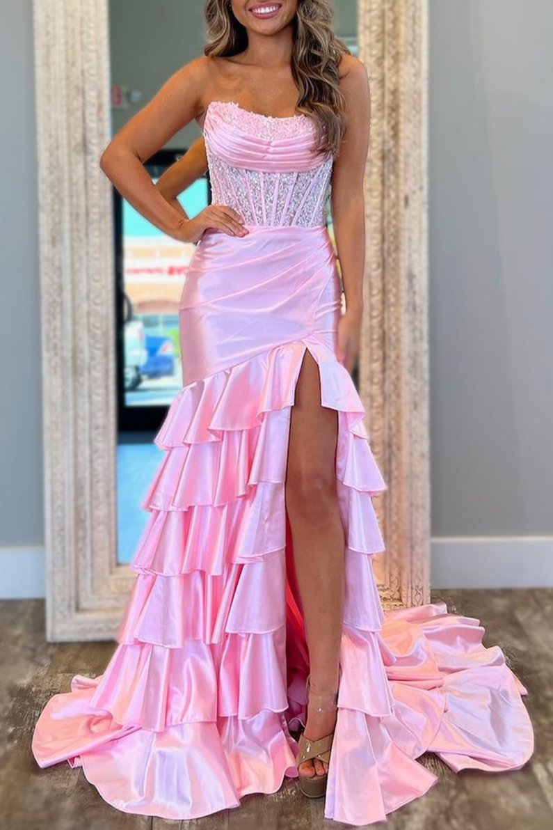 Charming Mermaid Strapless Pink Satin Long Prom Dresses with Appliques