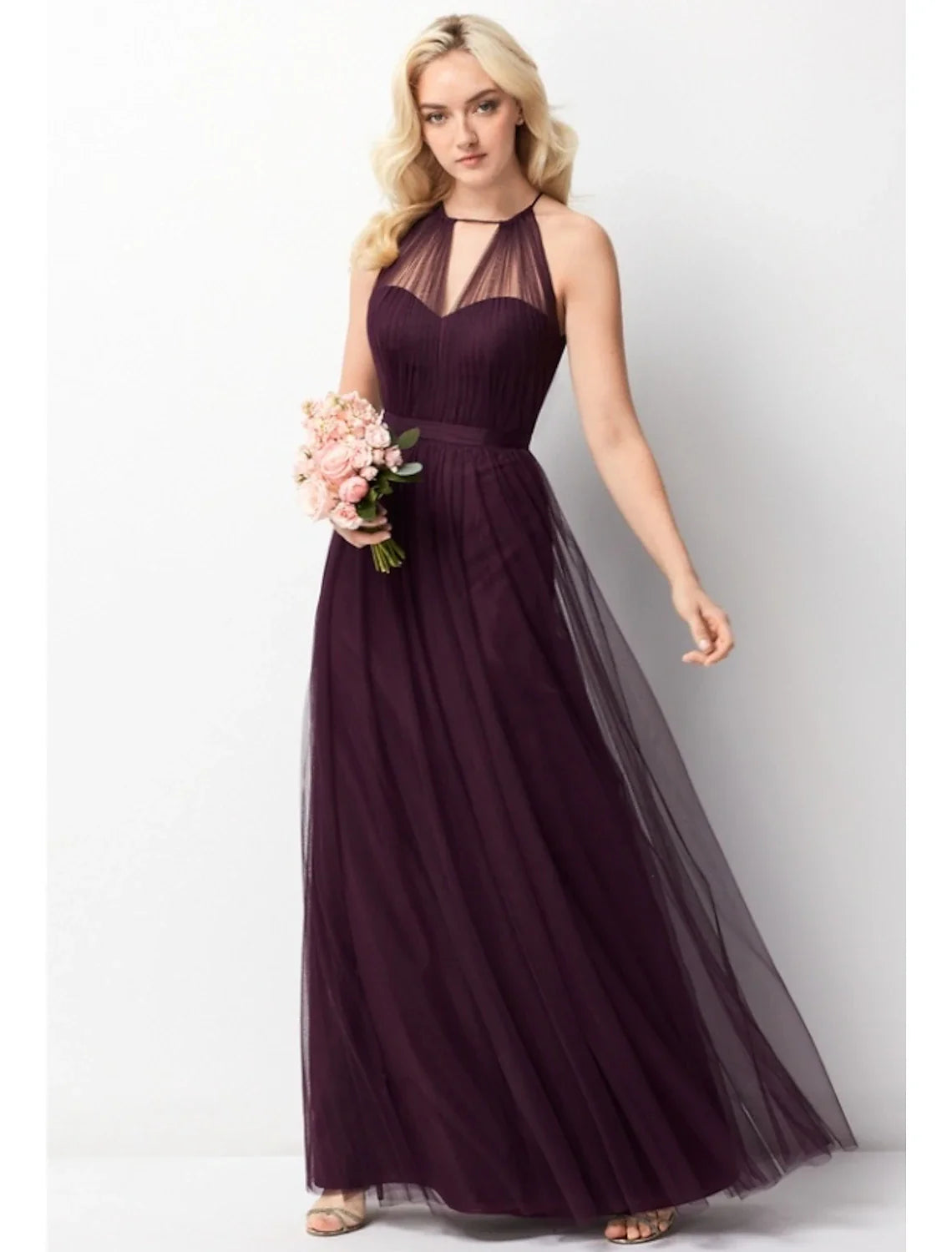 A-Line Bridesmaid Dress Halter Neck Sleeveless Elegant Floor Length Chiffon / Tulle with