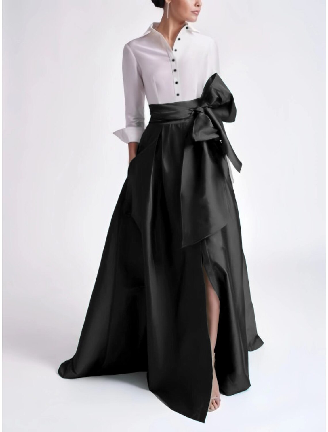 A-Line Evening Gown Elegant Red Green Dress Formal Wedding Guest Sweep / Brush Train 3/4 Length Sleeve Shirt Collar Satin with Bow(s) Slit