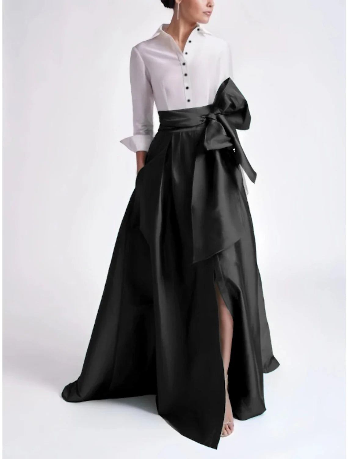 Aimishang A-Line Evening Gown Elegant Red Green Dress Formal Wedding Guest Sweep / Brush Train 3/4 Length Sleeve Shirt Collar Satin with Bow(s)