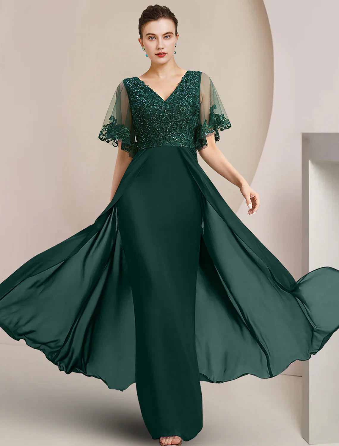 Aimishang  Sheath / Column Mother of the Bride Dress Formal Wedding Guest Elegant V Neck Floor Length Chiffon Lace Tulle Short Sleeve with Sequin Appliques
