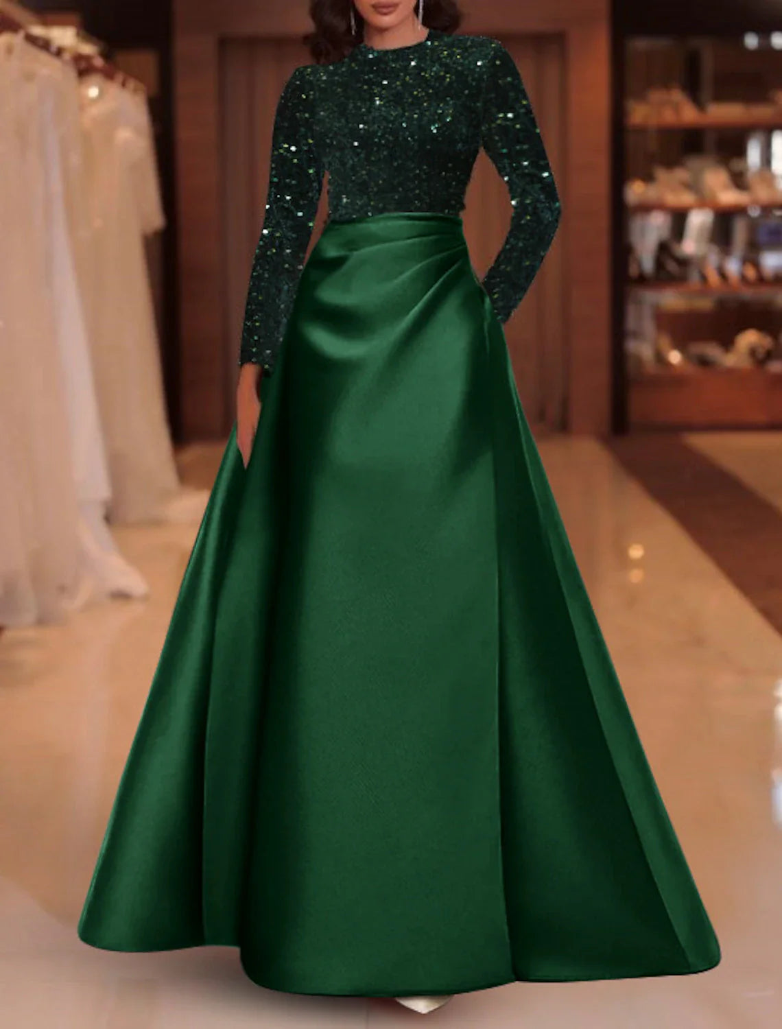 A-Line Evening Gown Elegant Dress Christmas Red Green Dress Wedding Guest Floor Length Long Sleeve Jewel Neck Pocket Satin with Sequin 2025