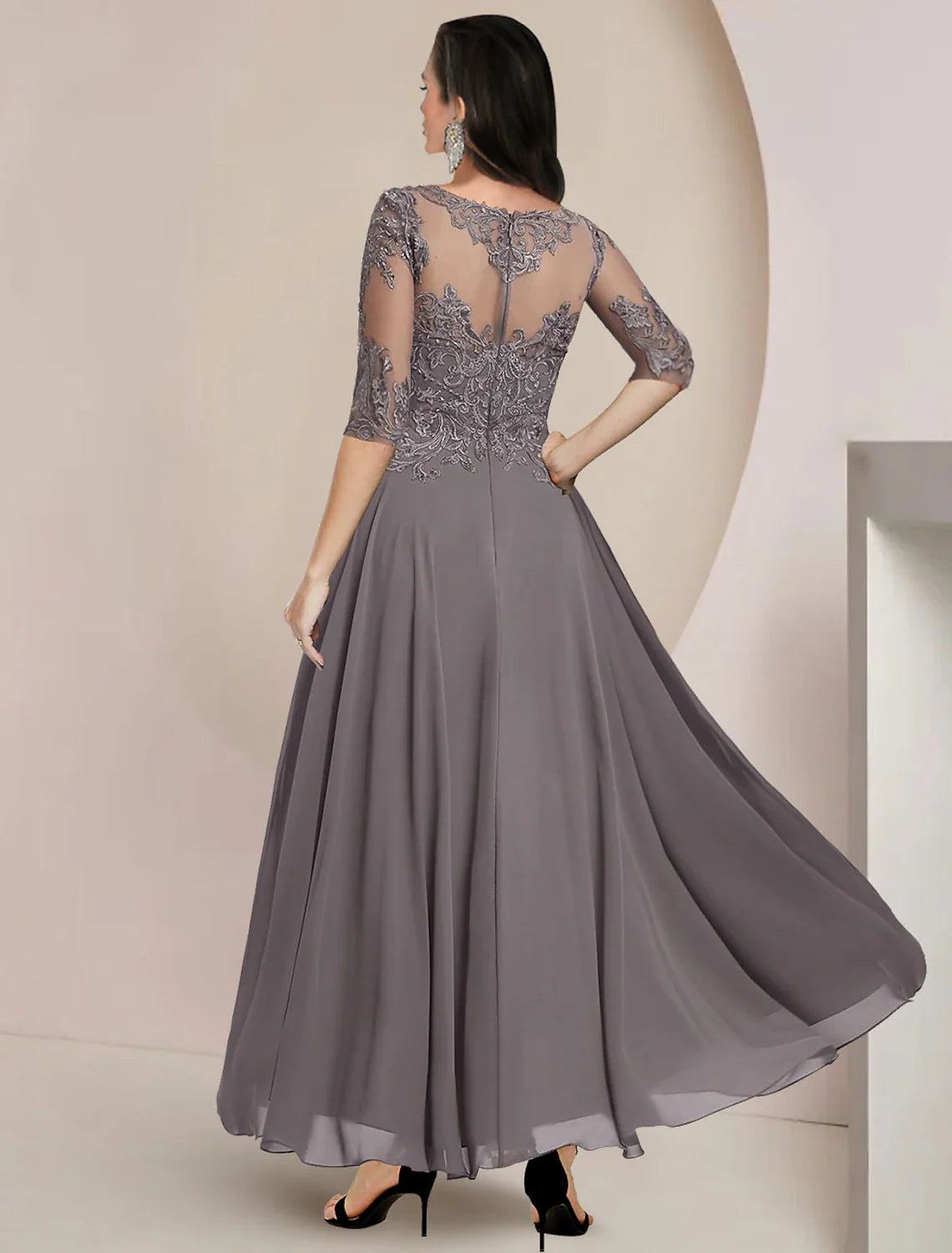 Aimishang A-Line Mother of the Bride Dress Formal Wedding Guest Elegant High Low Scoop Neck Asymmetrical Tea Length Chiffon Lace Half Sleeve with Pleats Appliques