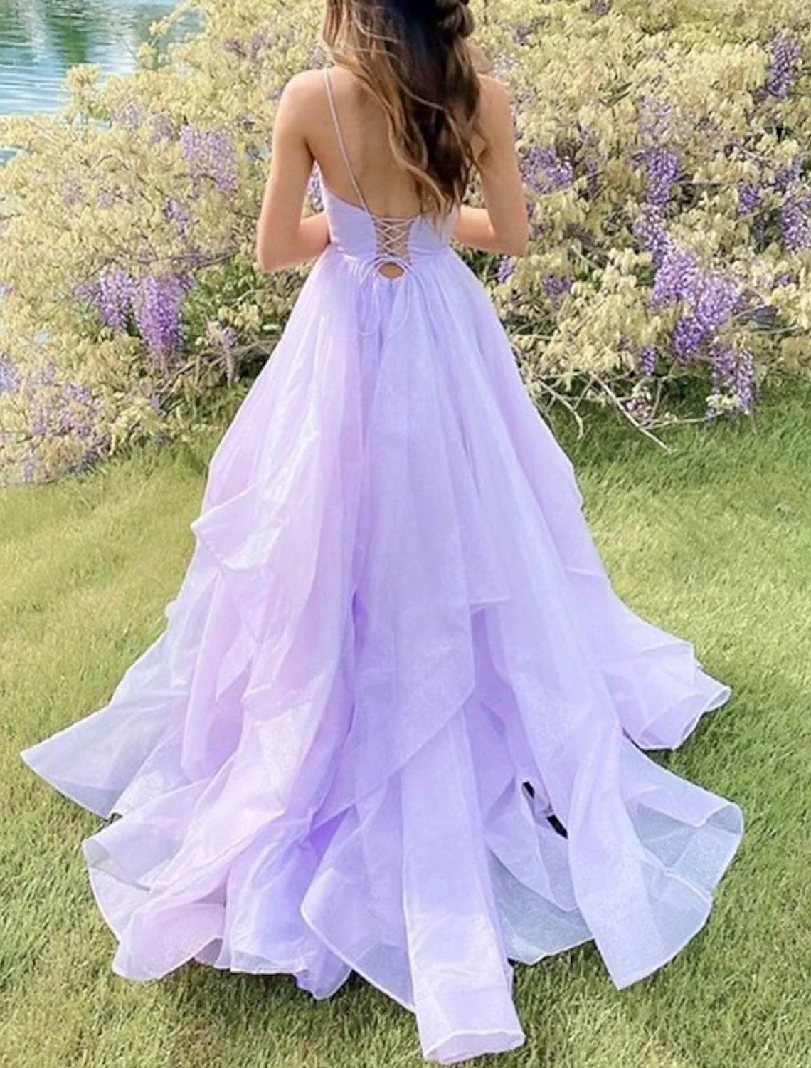 Aimishang Ball Gown Prom Dresses Glittering Dress Wedding Party Court Train Sleeveless Spaghetti Strap Tulle Backless with Sequin Ruffles