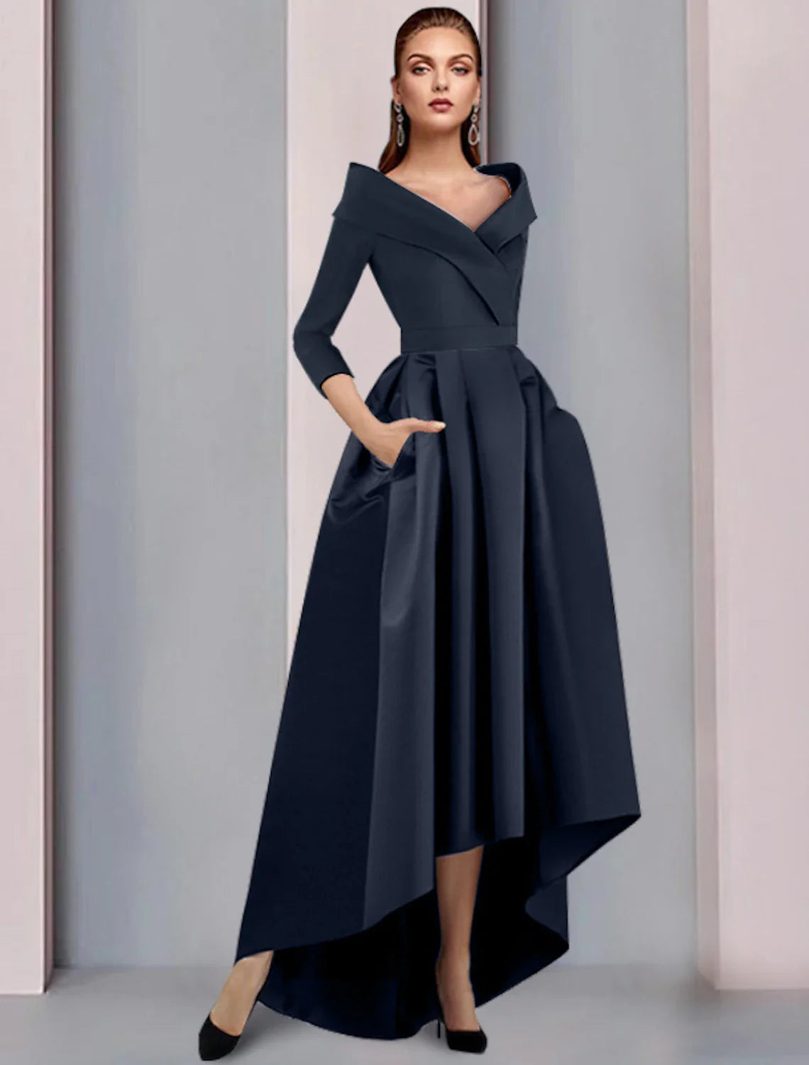 Aimishang  A-Line Mother of the Bride Dress Wedding Guest Elegant High Low Sweet Spaghetti Strap Asymmetrical Tea Length Satin 3/4 Length Sleeve with Pleats Fall