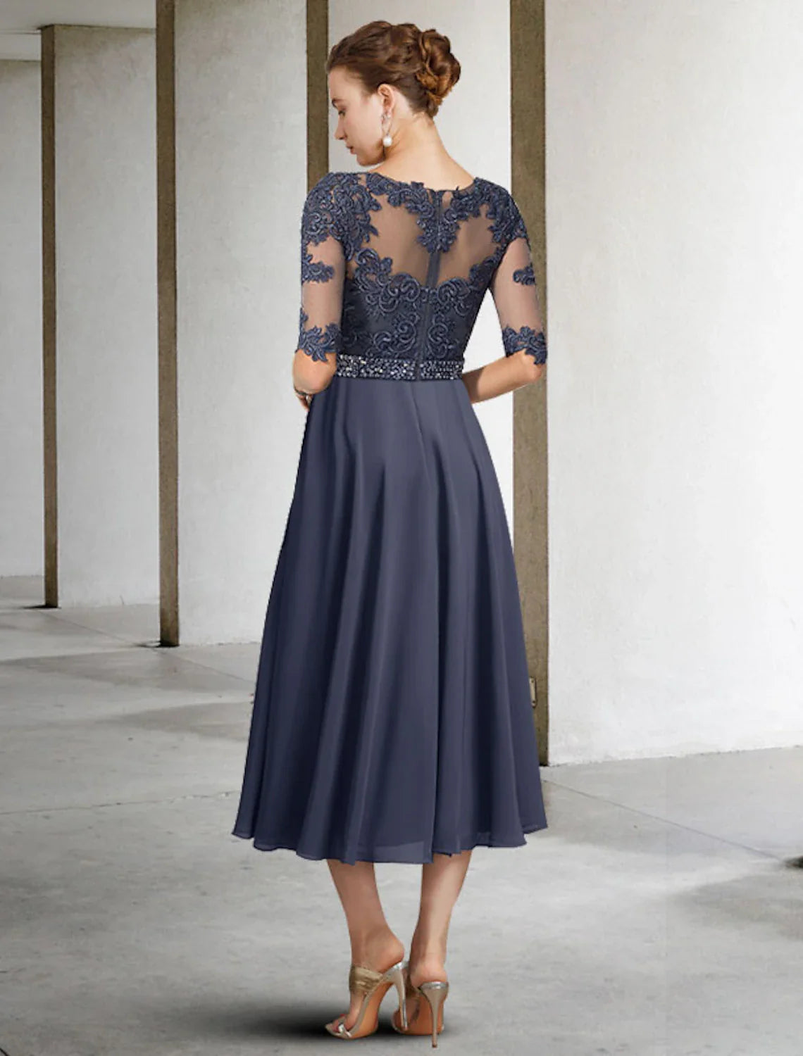 Aimishang  A-Line Mother of the Bride Dress Luxurious Elegant Jewel Neck Tea Length Chiffon Lace Tulle Half Sleeve with Crystals Appliques