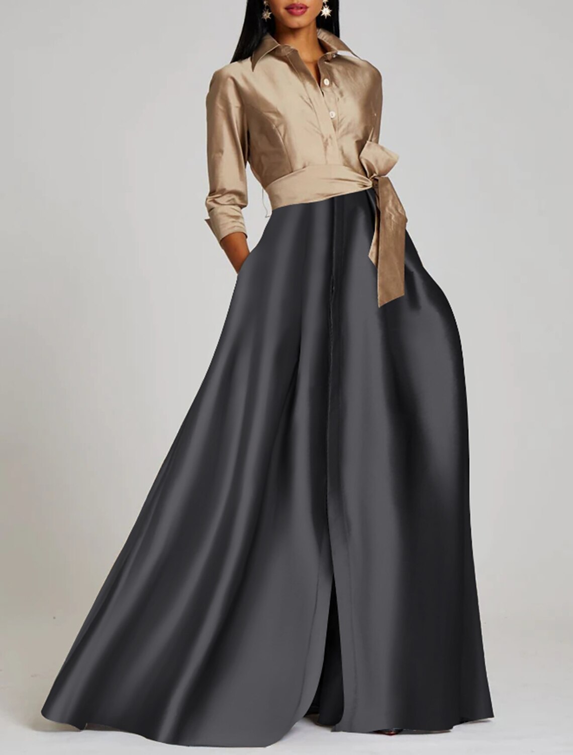 Aimishang A-Line Evening Gown Elegant Dress Formal Floor Length 3/4 Length Sleeve Shirt Collar Satin with Slit Strappy