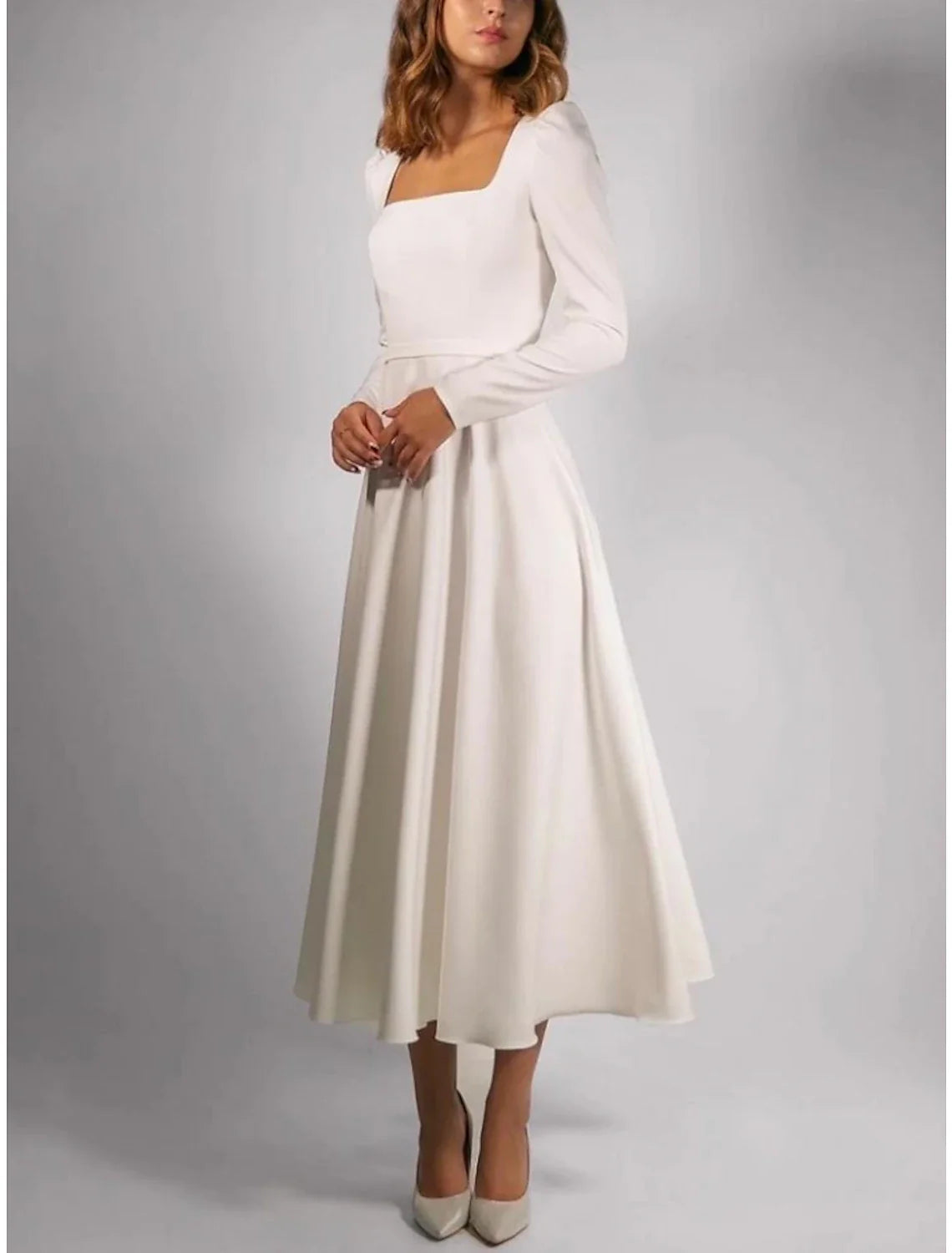 Aimishang Simple Wedding Dresses A-Line Square Neck Long Sleeve Tea Length Stretch Fabric Bridal Gowns With Pleats Solid Color