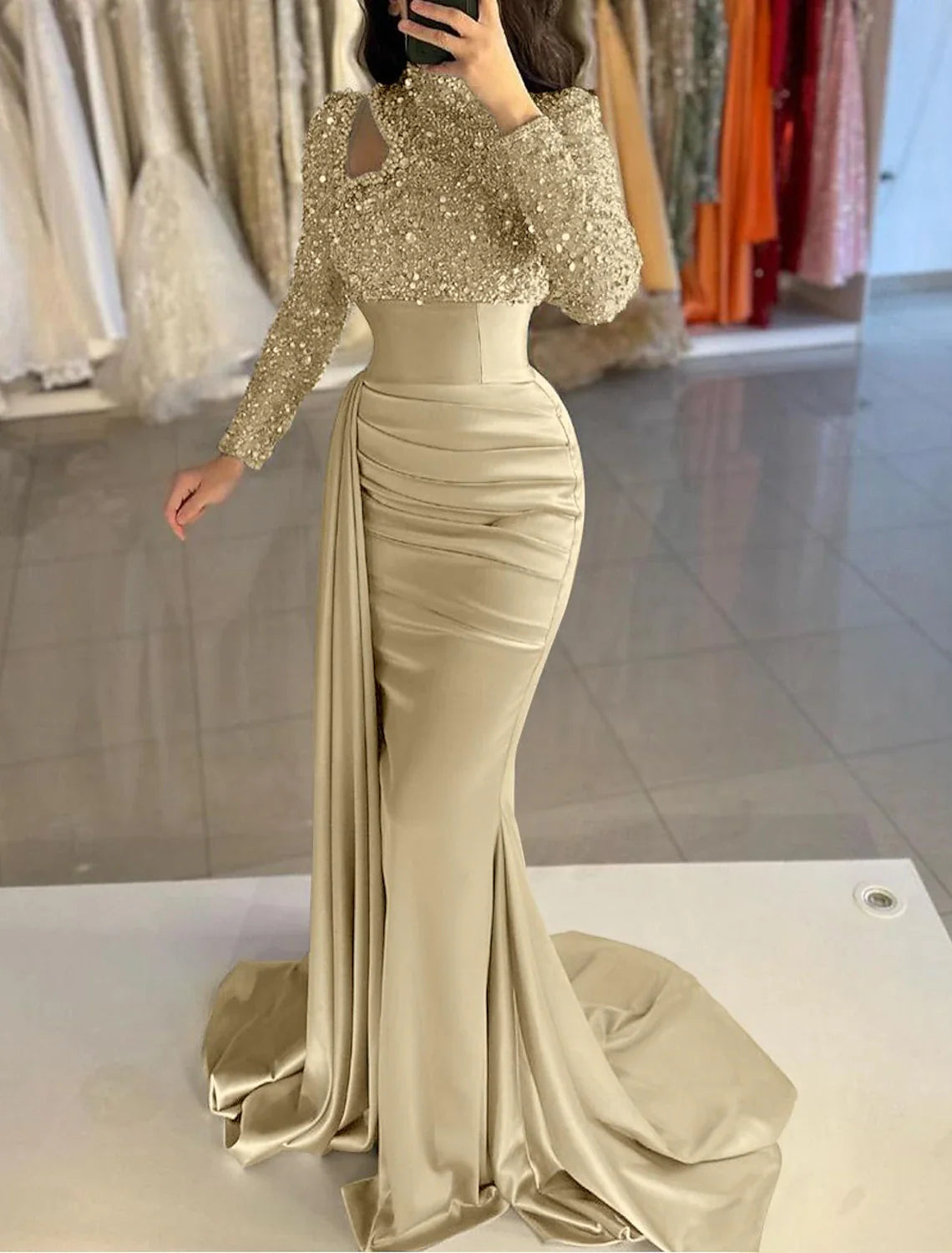 Mermaid / Trumpet Evening Gown Elegant Dress Formal Sweep / Brush Train Long Sleeve High Neck Satin with Pearls Sequin