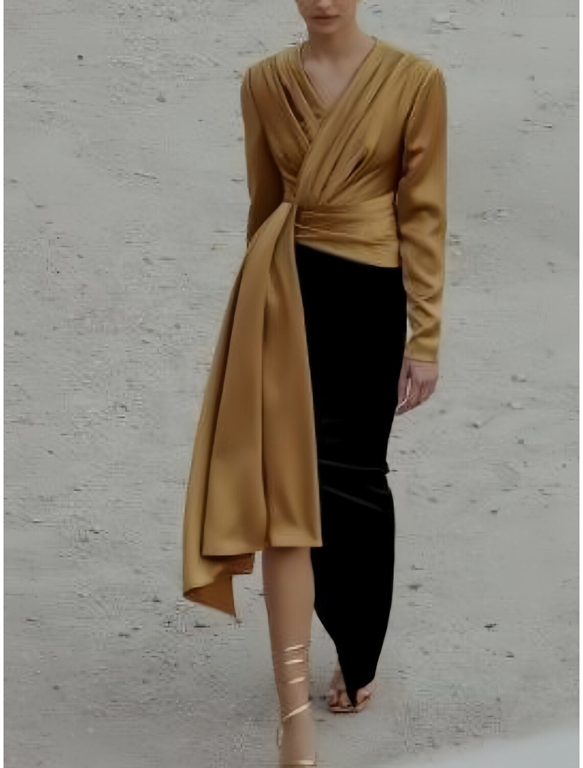 Wholesale A-Line Evening Black Dress Christmas Elegant Dress Formal Ankle Length Long Sleeve V Neck Satin with Ruched Slit