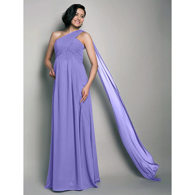 Sheath / Column Bridesmaid Dress One Shoulder Sleeveless Maternity Watteau Train / Floor Length Chiffon with Criss Cross / Draping