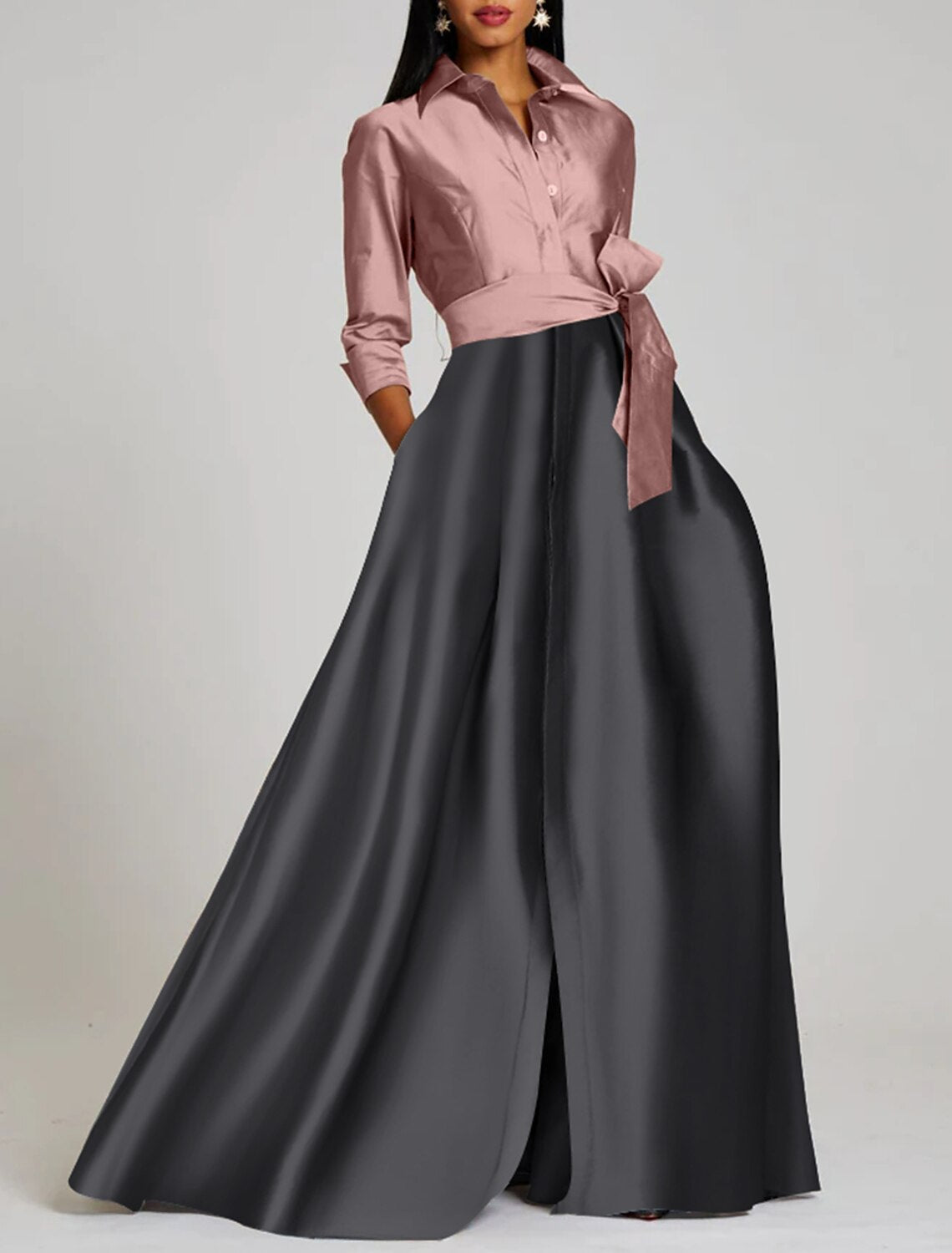 Aimishang A-Line Evening Gown Elegant Dress Formal Floor Length 3/4 Length Sleeve Shirt Collar Satin with Slit Strappy