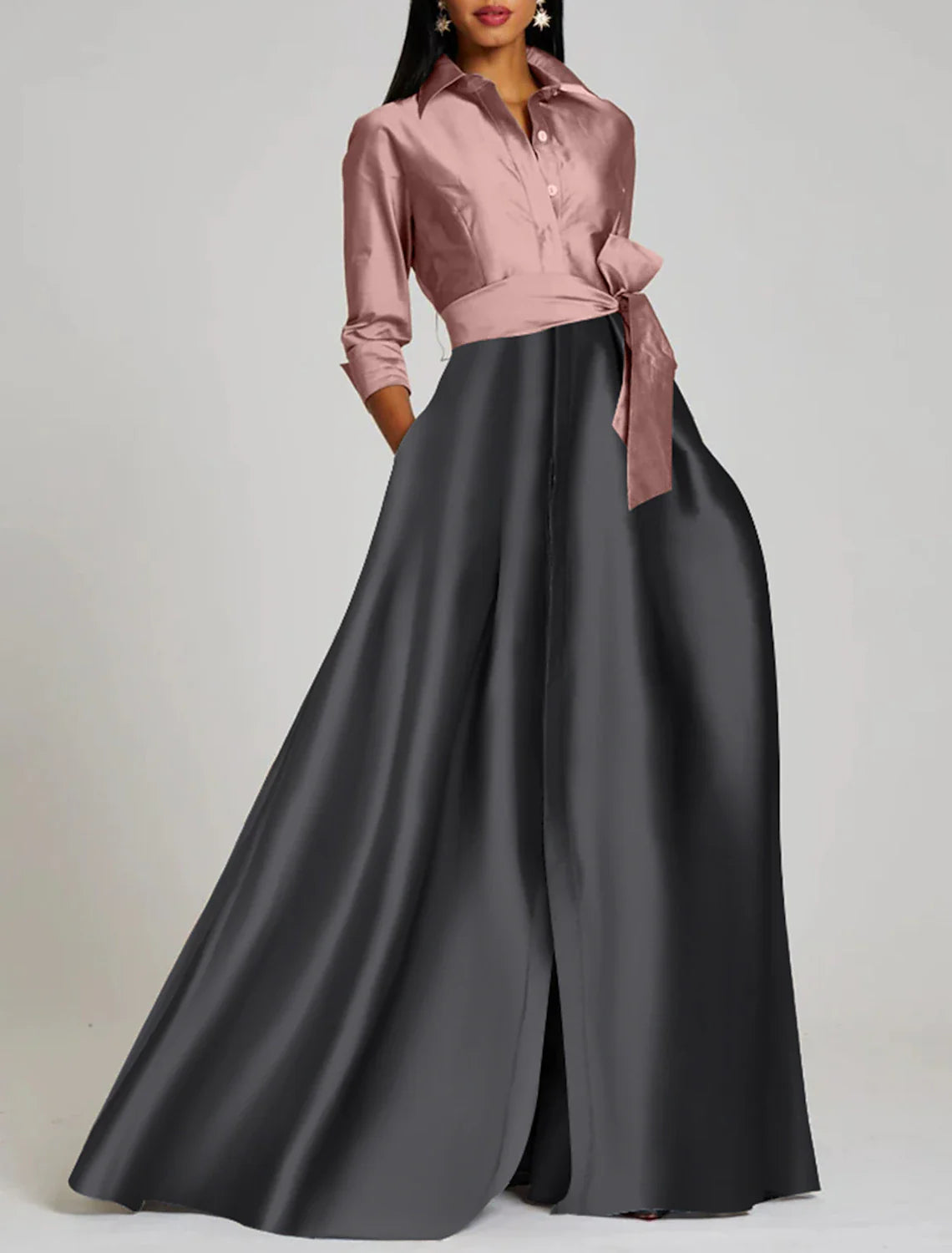 A-Line Evening Gown Elegant Dress Formal Floor Length 3/4 Length Sleeve Shirt Collar Satin with Slit Strappy