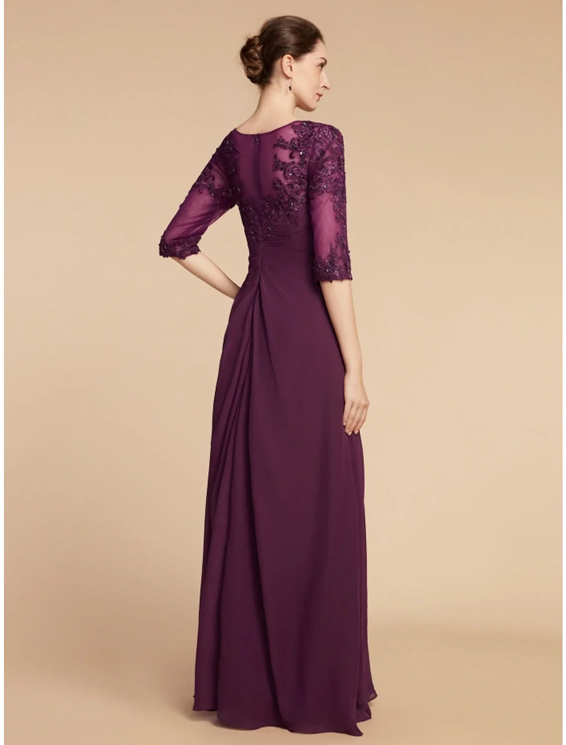 Aimishang  Sheath / Column Mother of the Bride Dress Wedding Guest Elegant Scoop Neck Floor Length Chiffon Lace Half Sleeve with Pleats Sequin