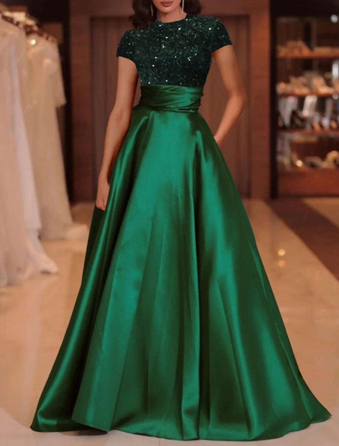 A-Line Evening Gown Elegant Dress Red Green Dress Floor Length Short Sleeve High Neck Satin with Sequin