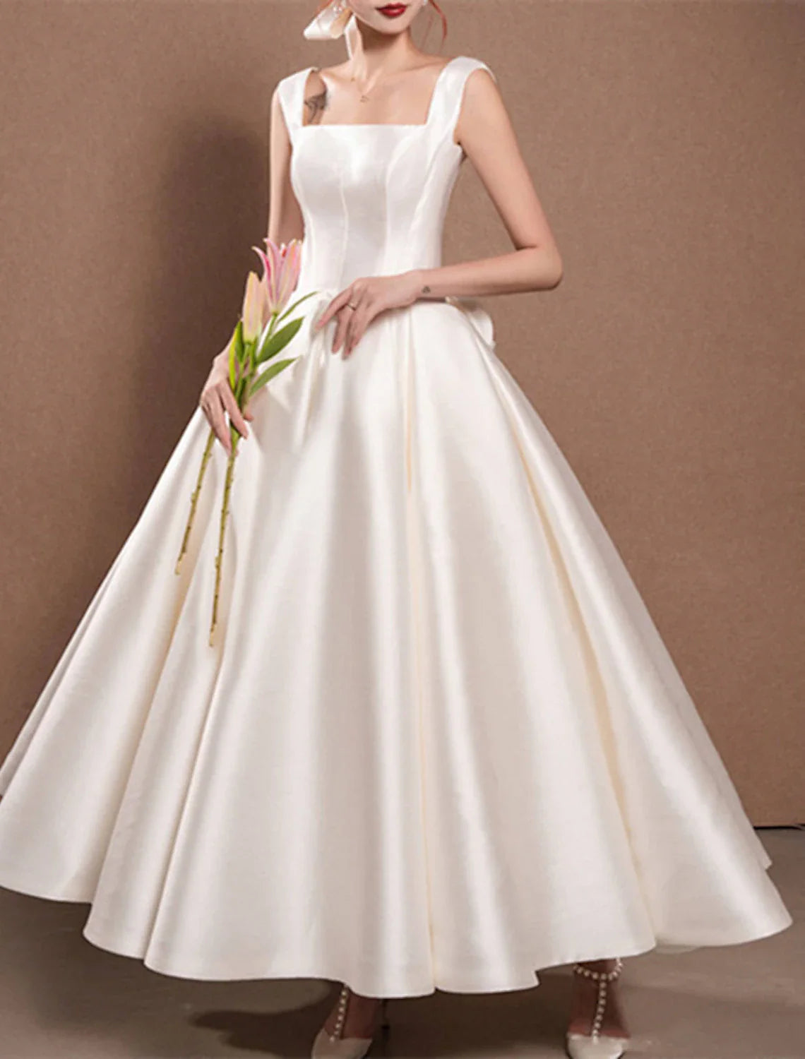 Aimishang Reception Simple Wedding Dresses Wedding Dresses A-Line Off Shoulder Cap Sleeve Tea Length Satin Bridal Gowns With Pleats Ruched