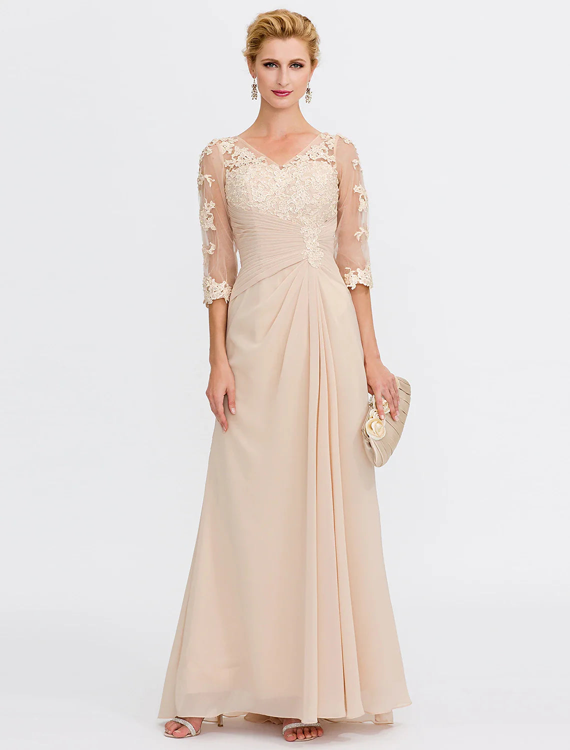 Aimishang A-Line Mother of the Bride Dress Fall Wedding Guest Dresses Plus Size Elegant See Through V Neck Floor Length Chiffon Half Sleeve with Appliques Side Draping
