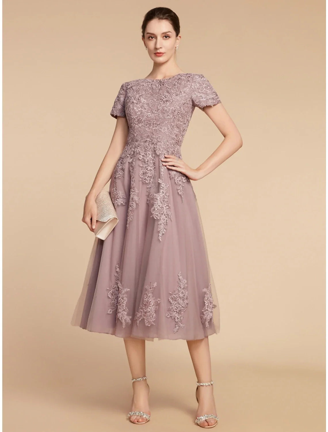 Aimishang  A-Line Mother of the Bride Dress Wedding Guest Elegant Petite Jewel Neck Tea Length Lace Tulle Short Sleeve with Ruching Flower